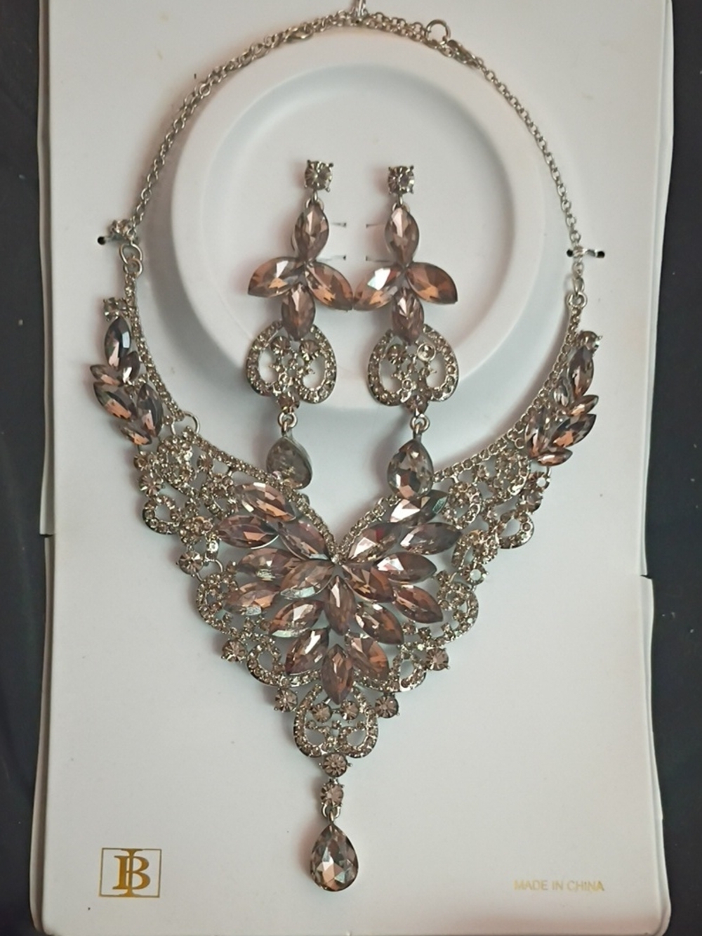Elegant Crystal Statement Necklace & Earrings Set - Blush/Silver